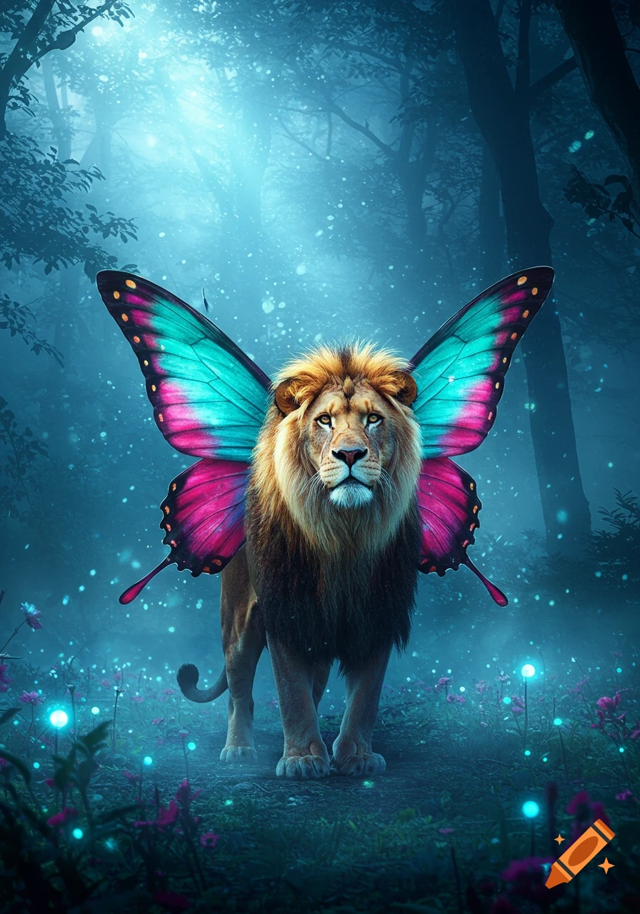 A majestic lion with colorful butterfly wings stands in a misty, glowing enchanted forest, fantasy style.
