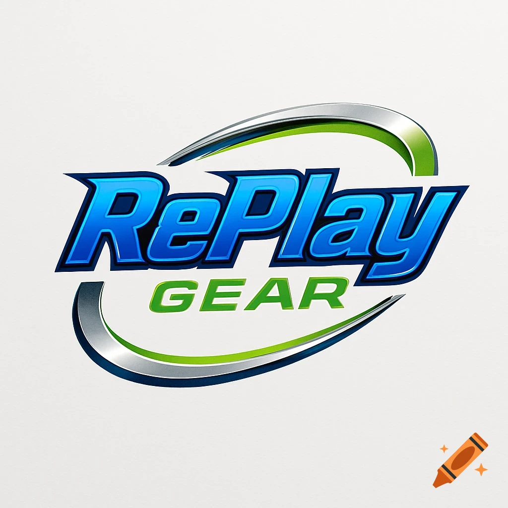 A sleek blue and green RePlay Gear logo with metallic silver and green swooshes on a white background.