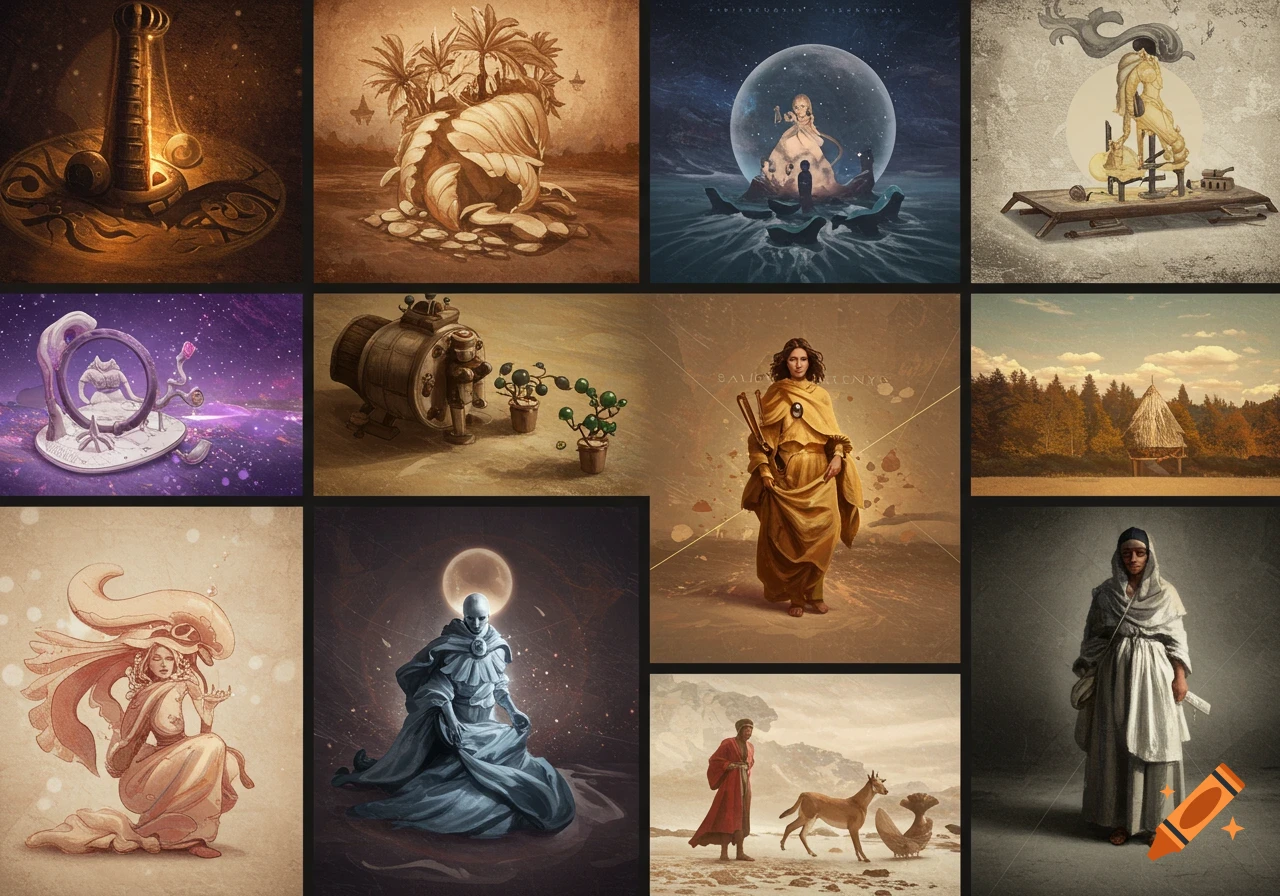 A grid of twelve stylized fantasy artworks, featuring various characters, landscapes, and objects in diverse artistic styles, some with illegible text.