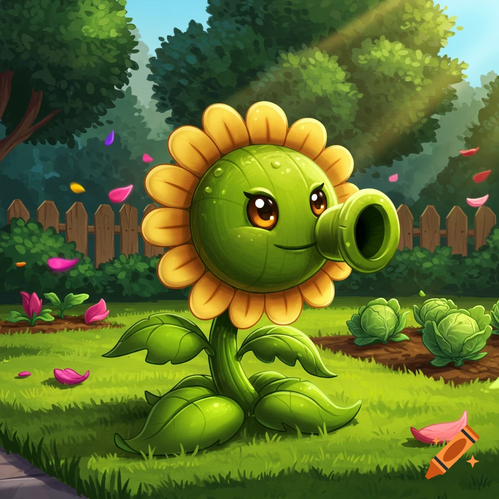 A cartoon green plant with yellow petals and big eyes, resembling a Plants vs. Zombies character, stands in a sunny garden.
