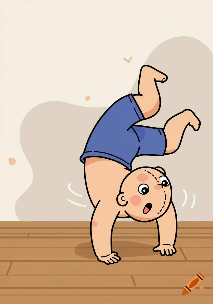 A cartoon doll-like character in blue shorts does a handstand on a wooden floor in a clipart illustration.