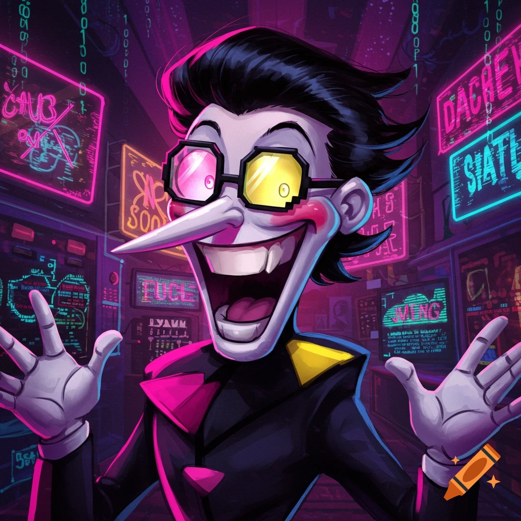 Spamton, a cartoon character with a long nose and wide grin, stands in a dark, neon-lit room with digital screens.