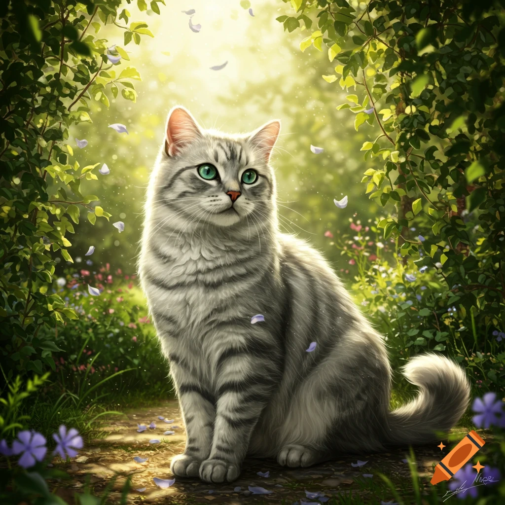 A detailed silver tabby cat with green eyes sits on a sunny forest path with falling petals and lush green foliage.