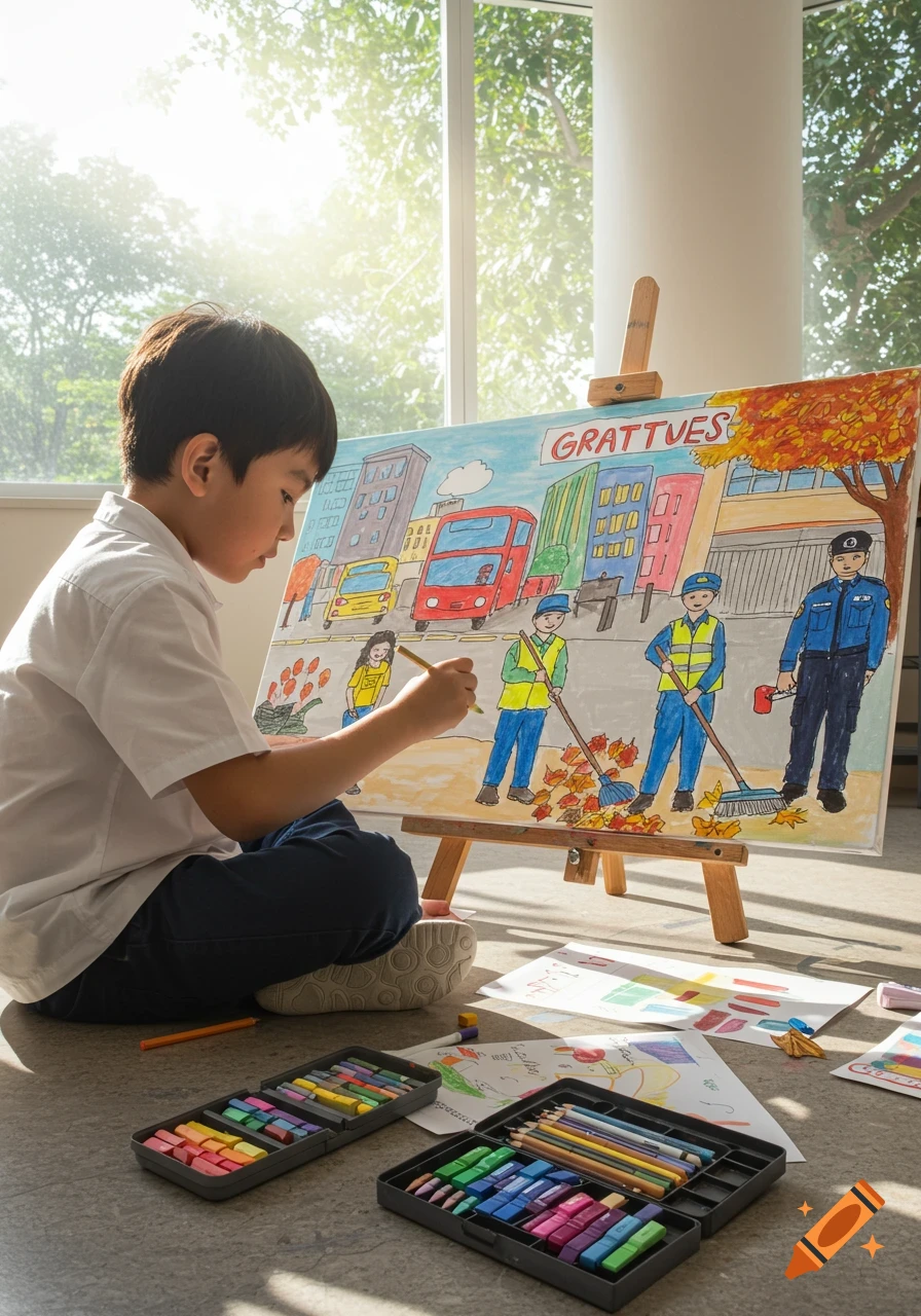A young boy sits on the floor drawing a colorful picture of community helpers on an easel, with art supplies around him.