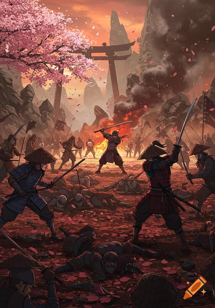 A 2D anime style battle scene with samurai warriors fighting among fallen comrades, cherry blossoms, and a torii gate under an orange sky.