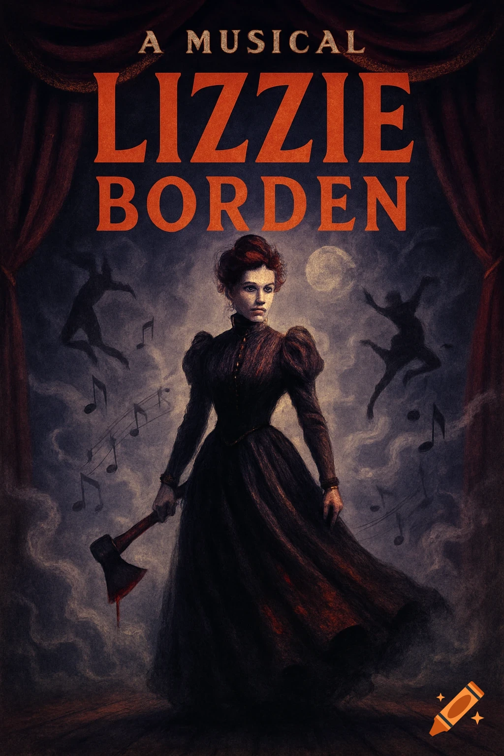 Dark, stylized musical poster for 'Lizzie Borden' features a woman in a period dress holding a bloody axe, with ghostly figures.