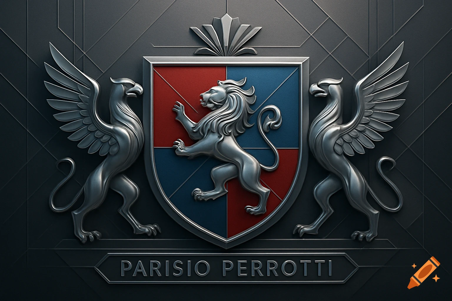 A metallic coat of arms with a silver lion on a red and blue shield, flanked by silver griffins, and 'PARISIO PERROTTI' text.