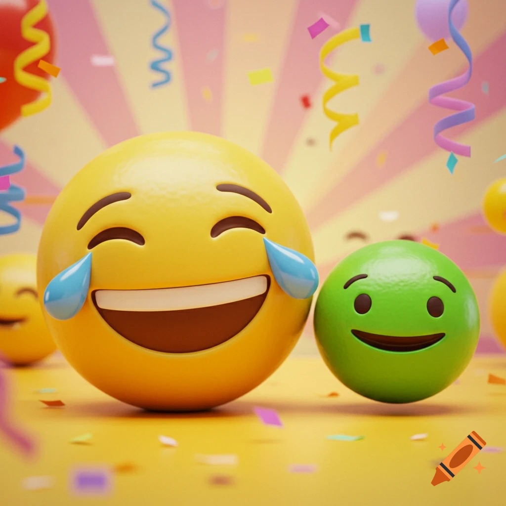 A large yellow laughing crying emoji and a smaller green smiling emoji surrounded by colorful confetti and streamers on a striped background.