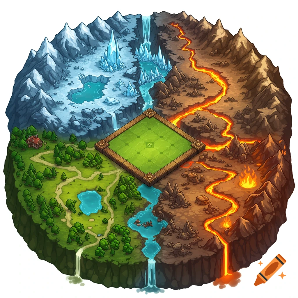 A circular fantasy board game map with four biomes: ice, lava, forest, and earth, surrounding a central green board, in a digital cartoon style.