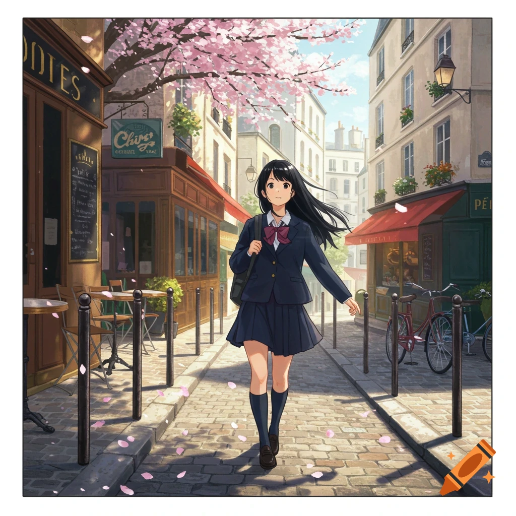 An anime schoolgirl with black hair walks down a cobblestone street lined with shops and cherry blossom trees in a European city.
