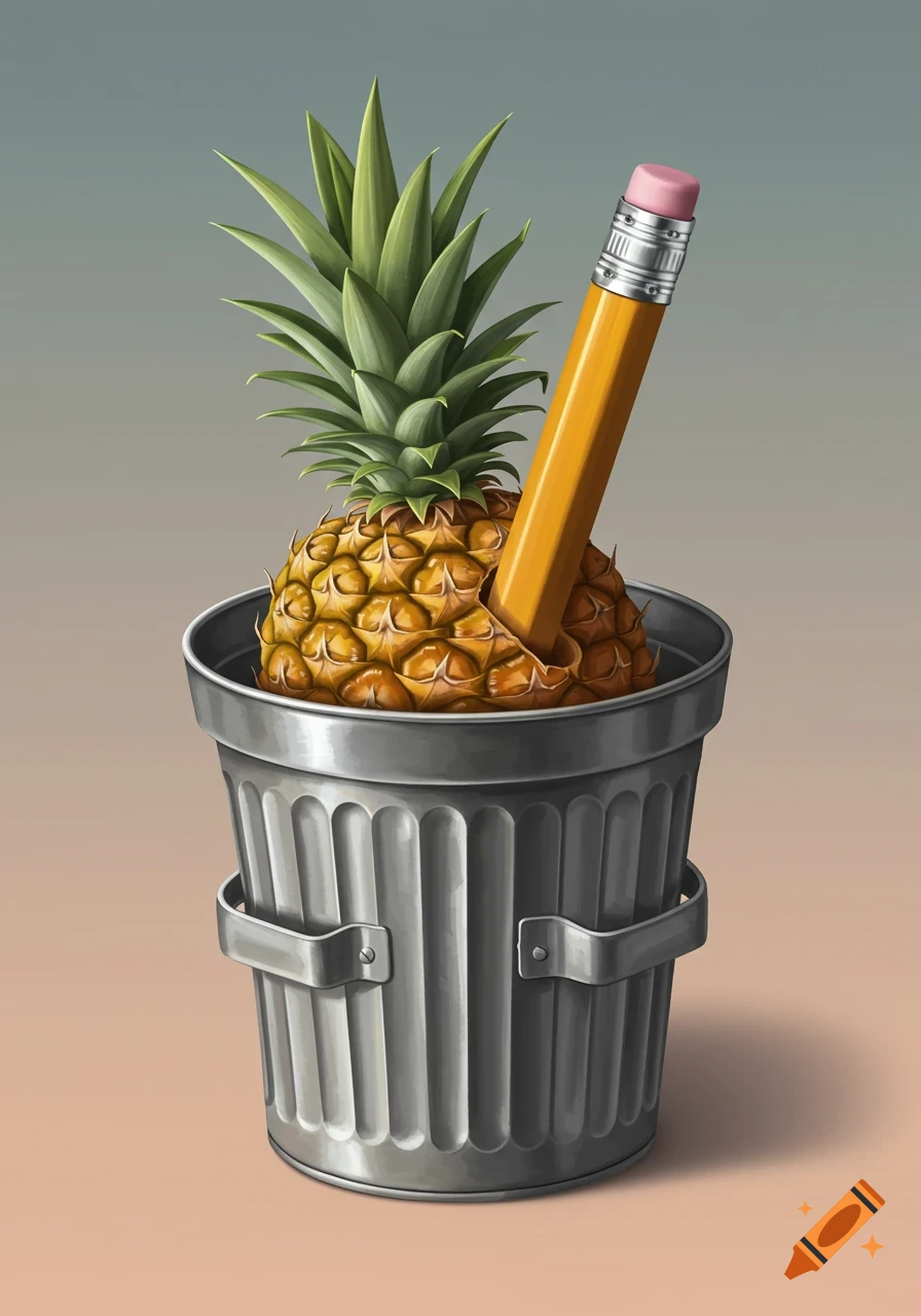 A pineapple with a yellow pencil stuck in it, placed inside a metal trash can, digital illustration.