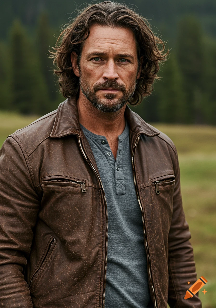 Photorealistic portrait of a rugged man with long wavy hair, beard, and a brown leather jacket, standing outdoors.