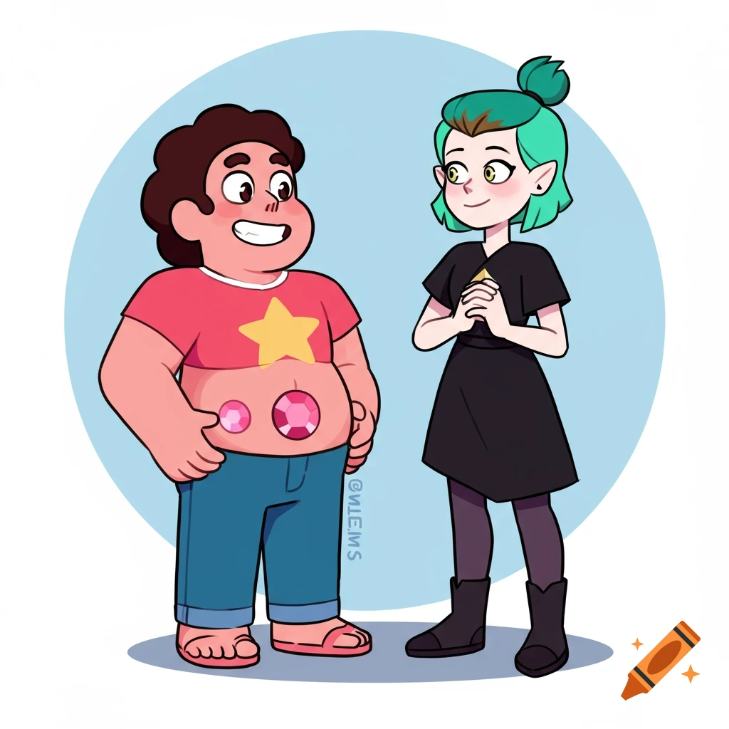 Cartoon of Steven Universe and Amity Blight standing and smiling. Steven has gems on his stomach, and Amity has green hair.