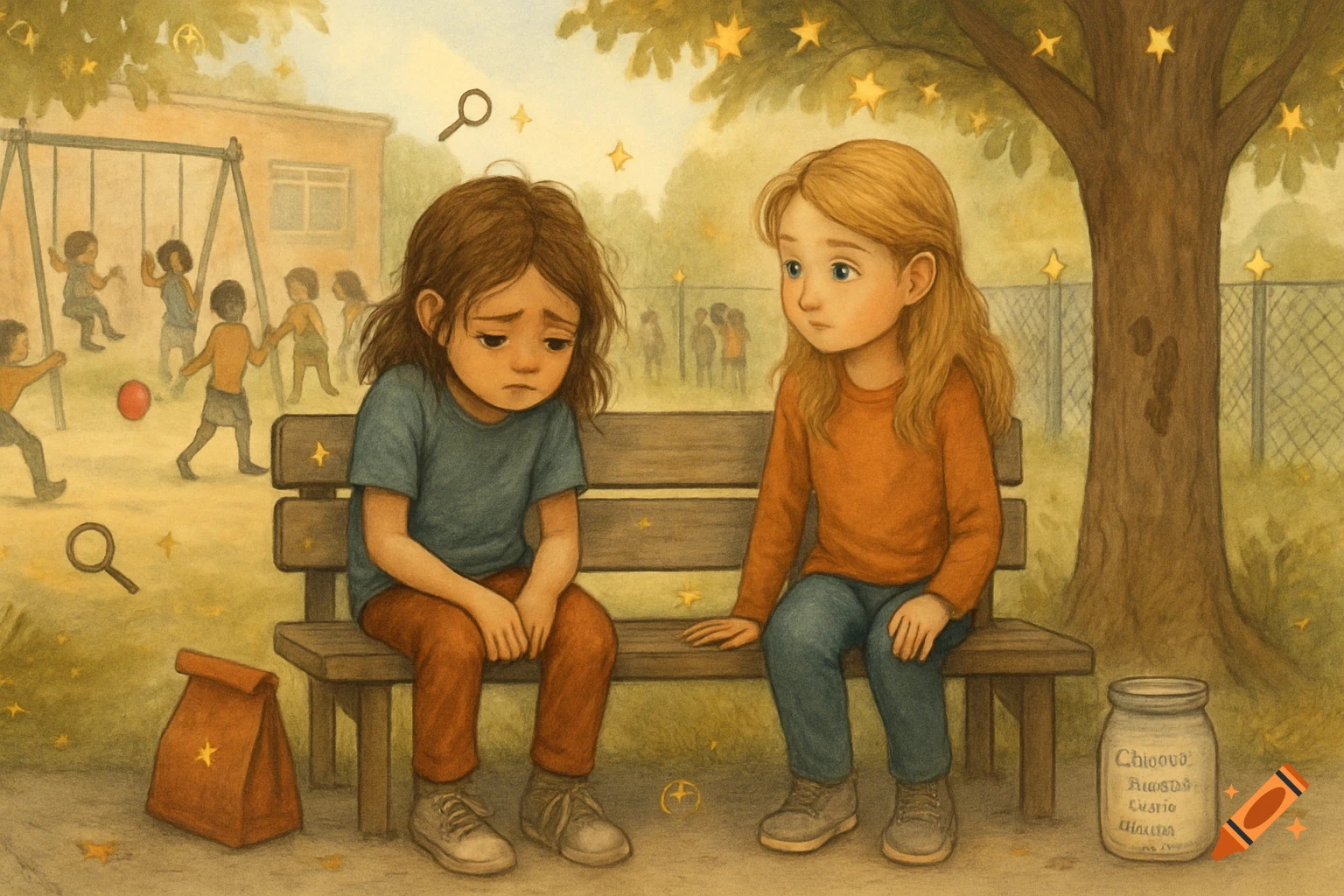 A sad girl sits on a playground bench while another girl approaches to comfort her. Other children play in the background.