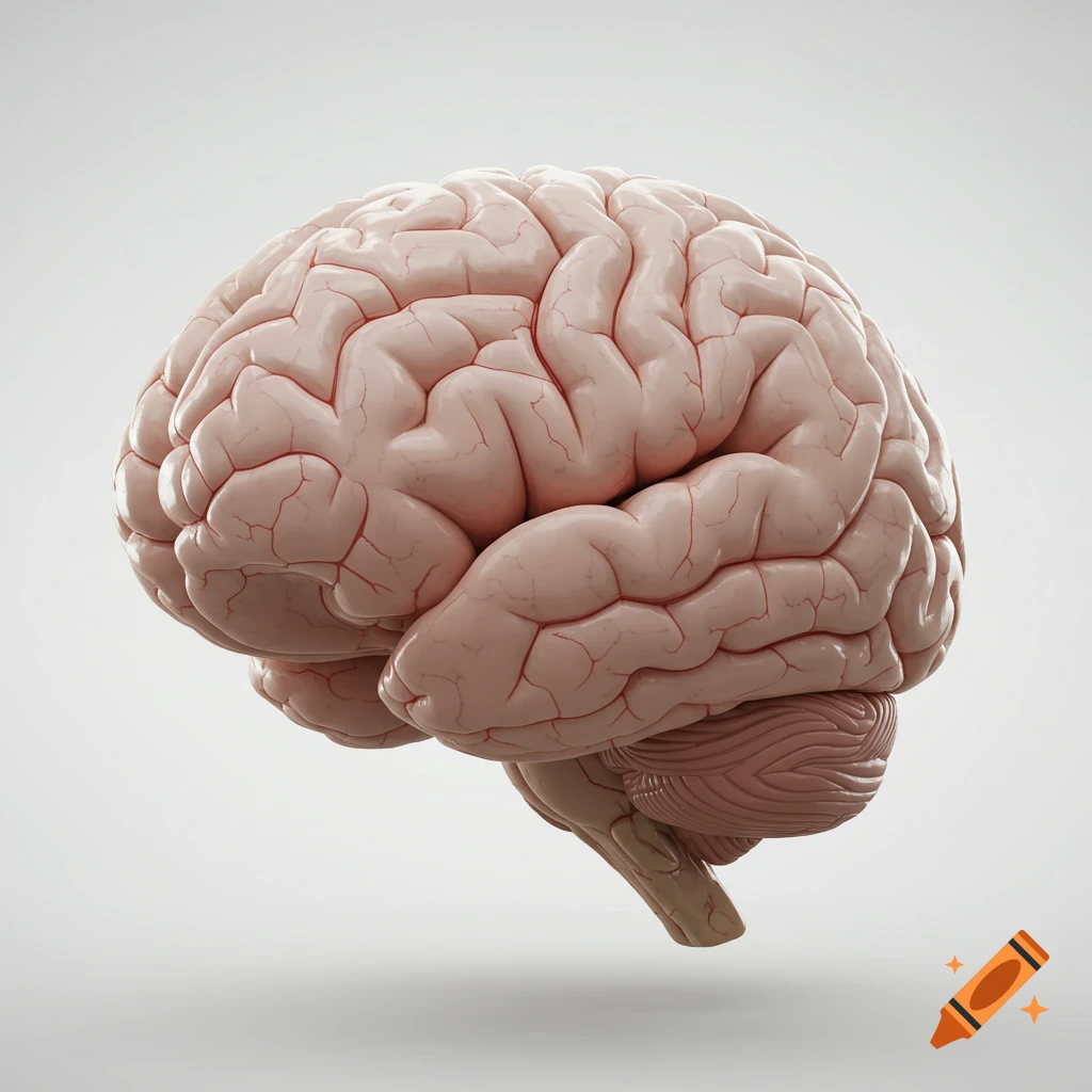 A detailed, realistic 3D rendering of a brain, showing its complex folds and structures, against a light background.