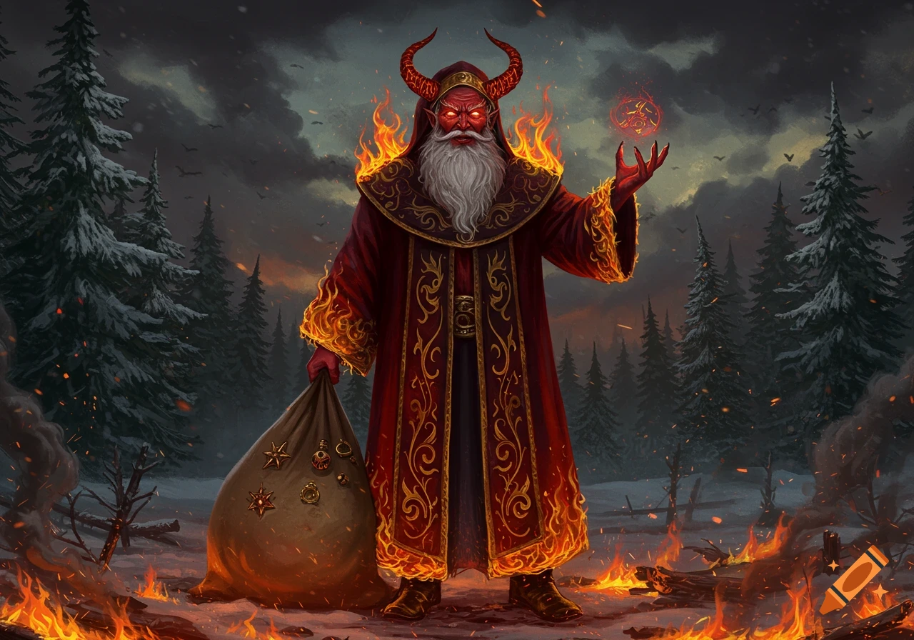 A demonic Santa Claus with horns, red skin, and a fiery robe holds a sack and glowing orb in a burning snowy forest.