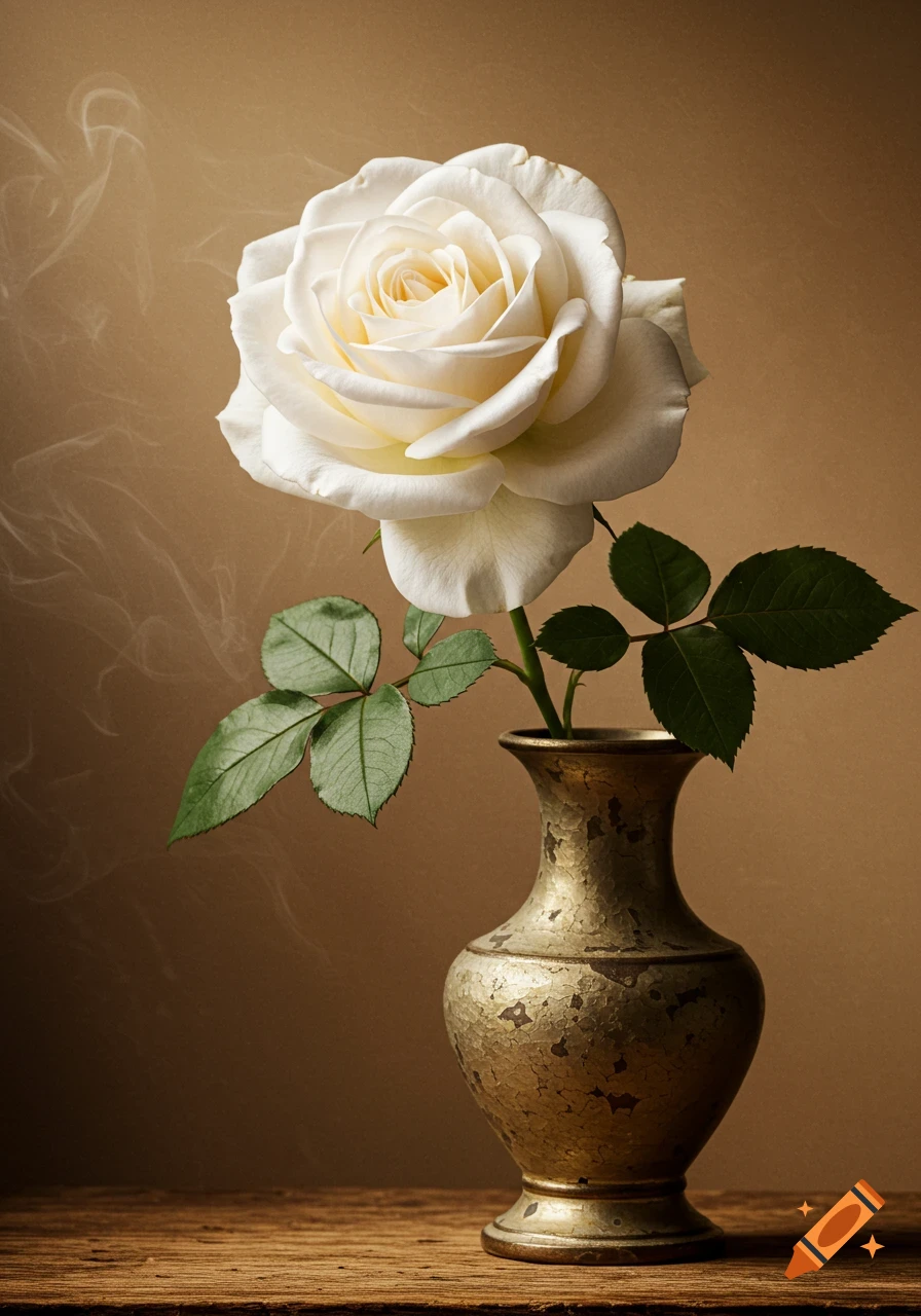 A white rose in an antique brass vase on a wooden table, against a warm brown background with subtle smoke, in a painterly style.
