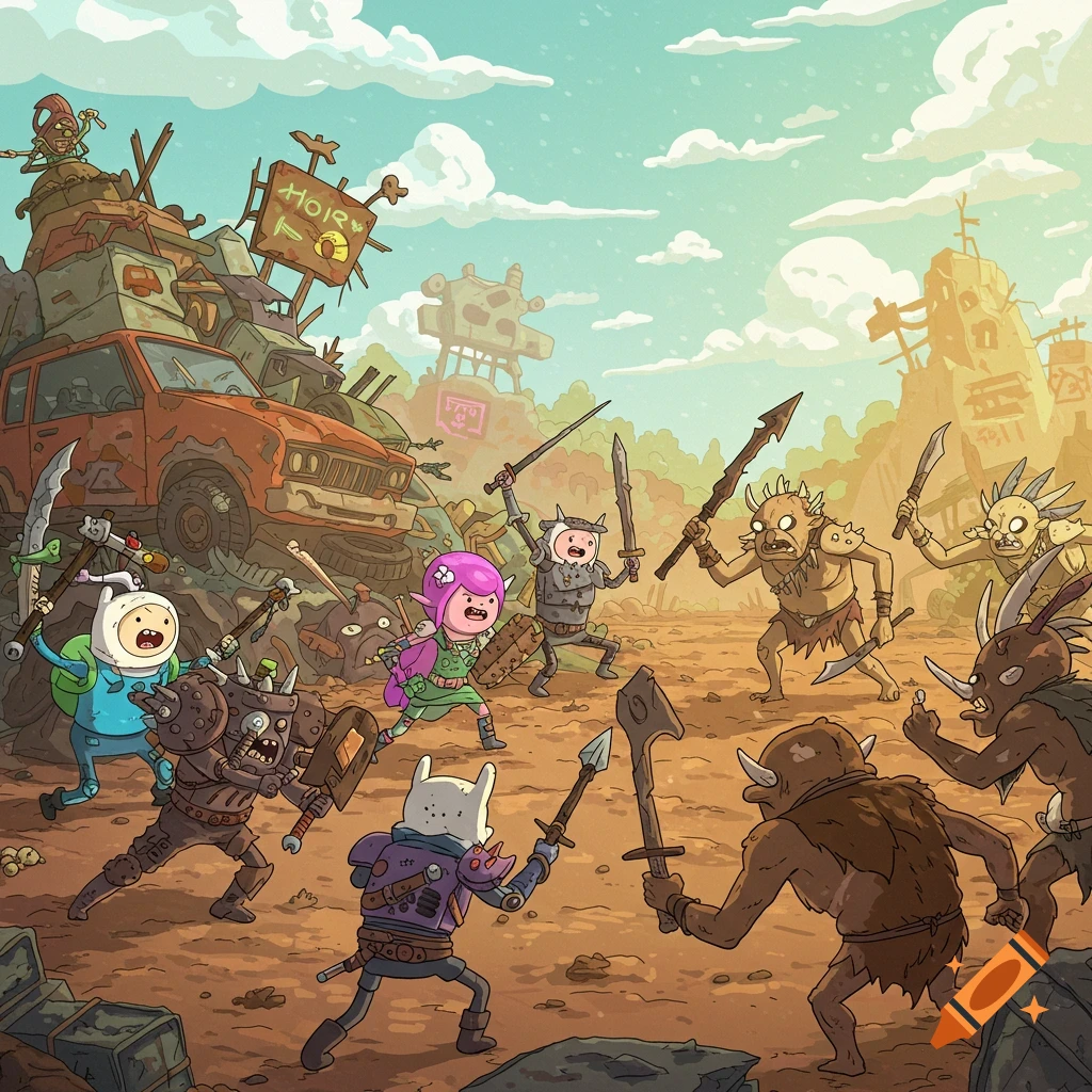 Adventure Time characters, including Finn, fight wild post-apocalyptic raiders and cannibal tribals in a derelict junkyard.