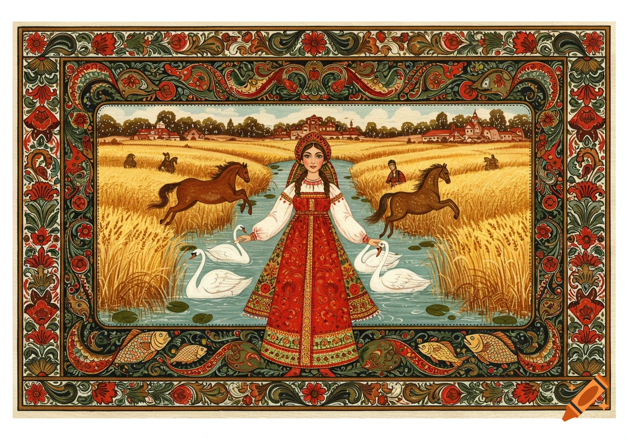 Mezen folk art painting of a woman in traditional dress, swans, horses in wheat fields, and a decorative border.