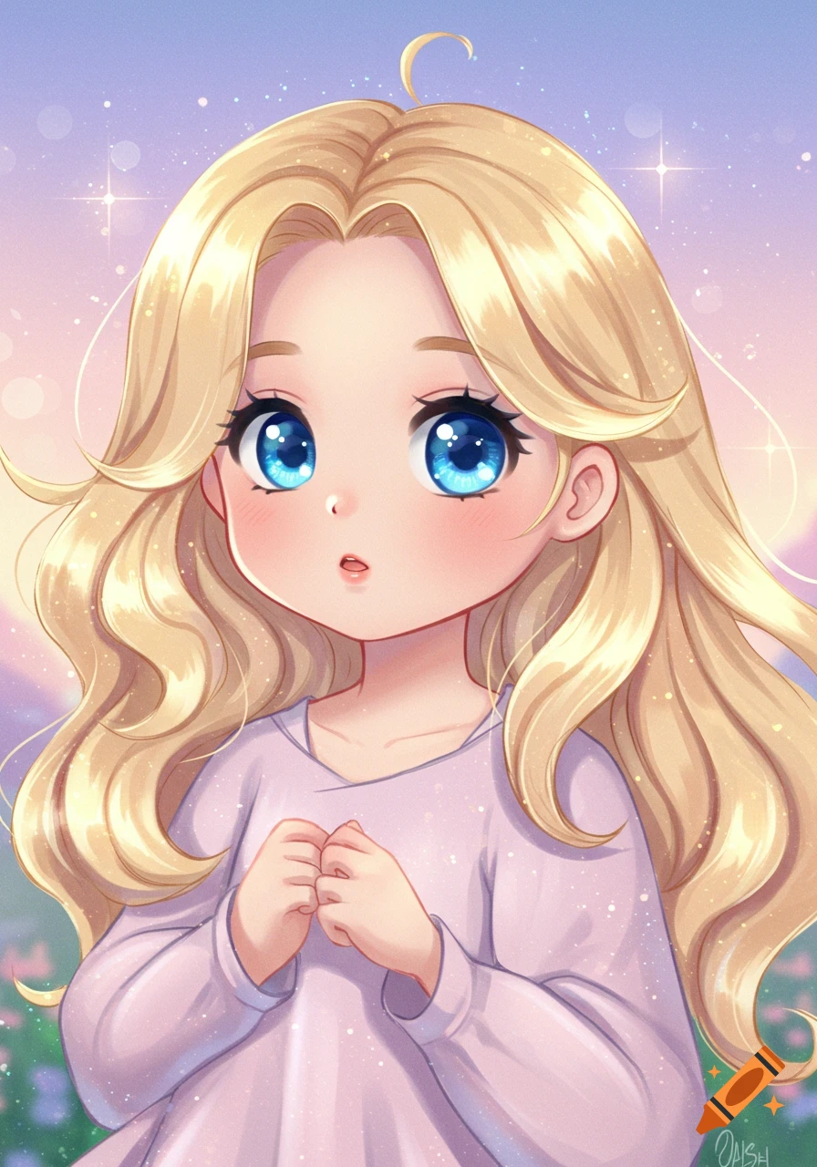 Close-up anime-style portrait of a blonde girl with big blue eyes and wavy hair, wearing a light purple top, with a surprised expression.