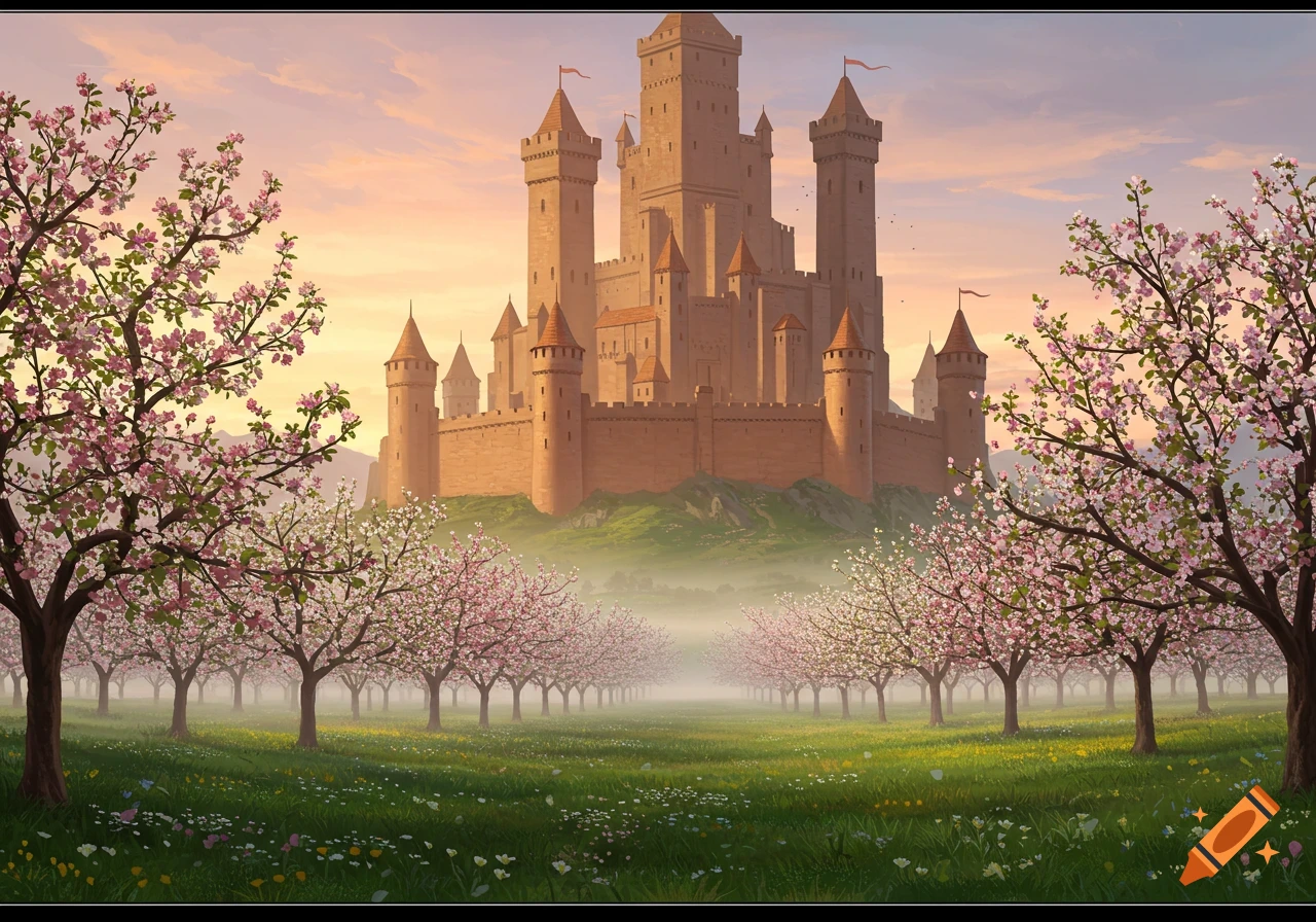 A grand fantasy castle on a hill, surrounded by blooming apple orchards in a misty field at sunrise.