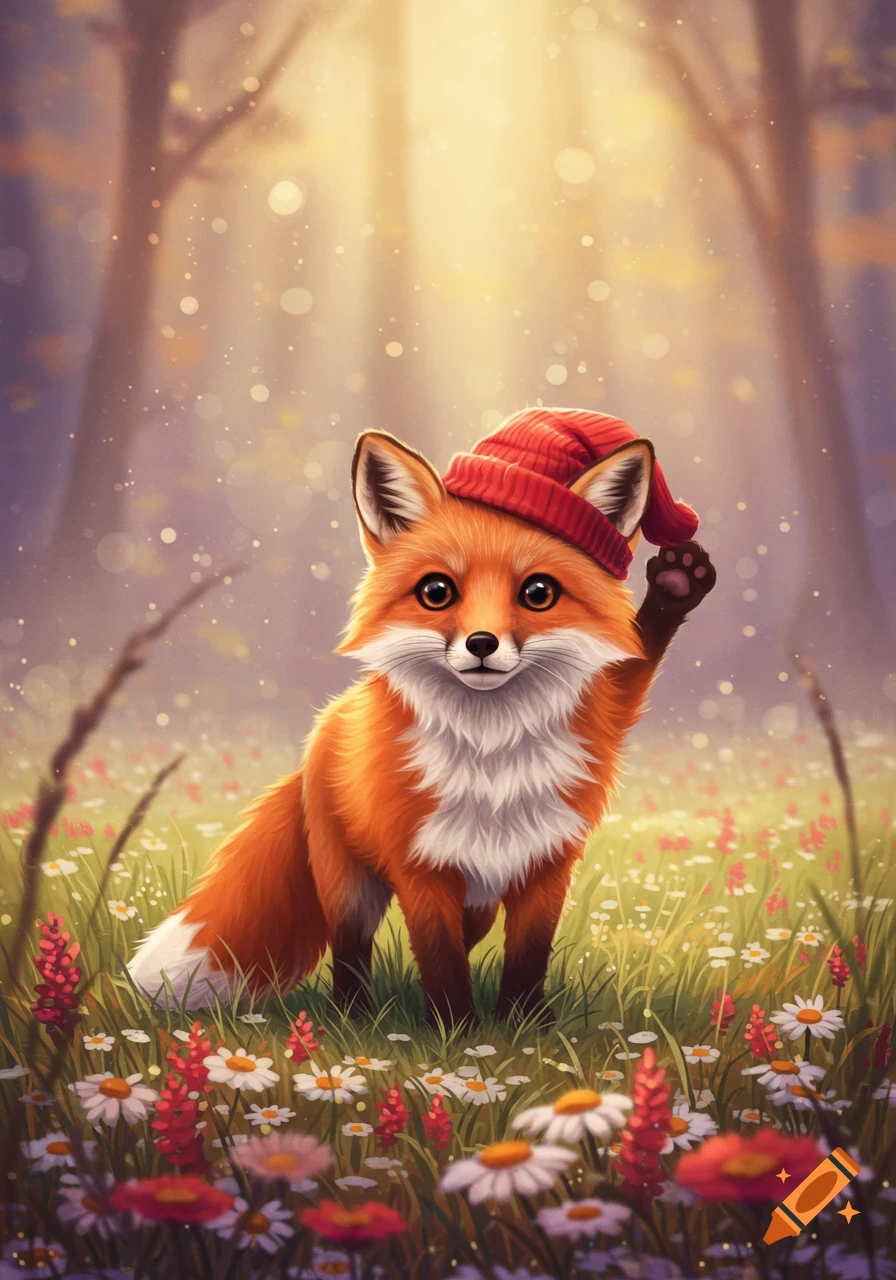A cute cartoon fox in a red beanie stands in a sunny flower field, raising a paw, with a soft forest background.