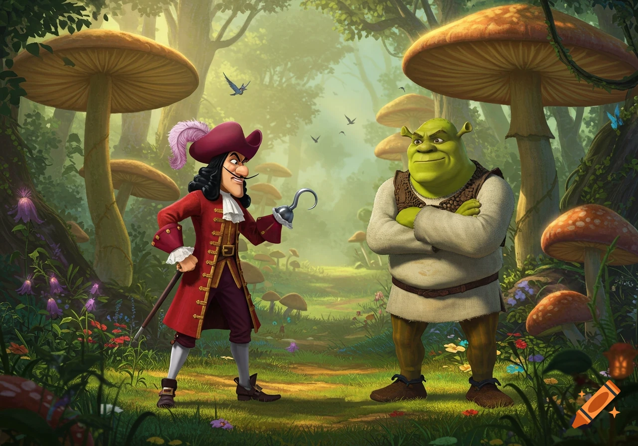 Captain Hook and Shrek meet in a vibrant, animated forest with giant mushrooms.
