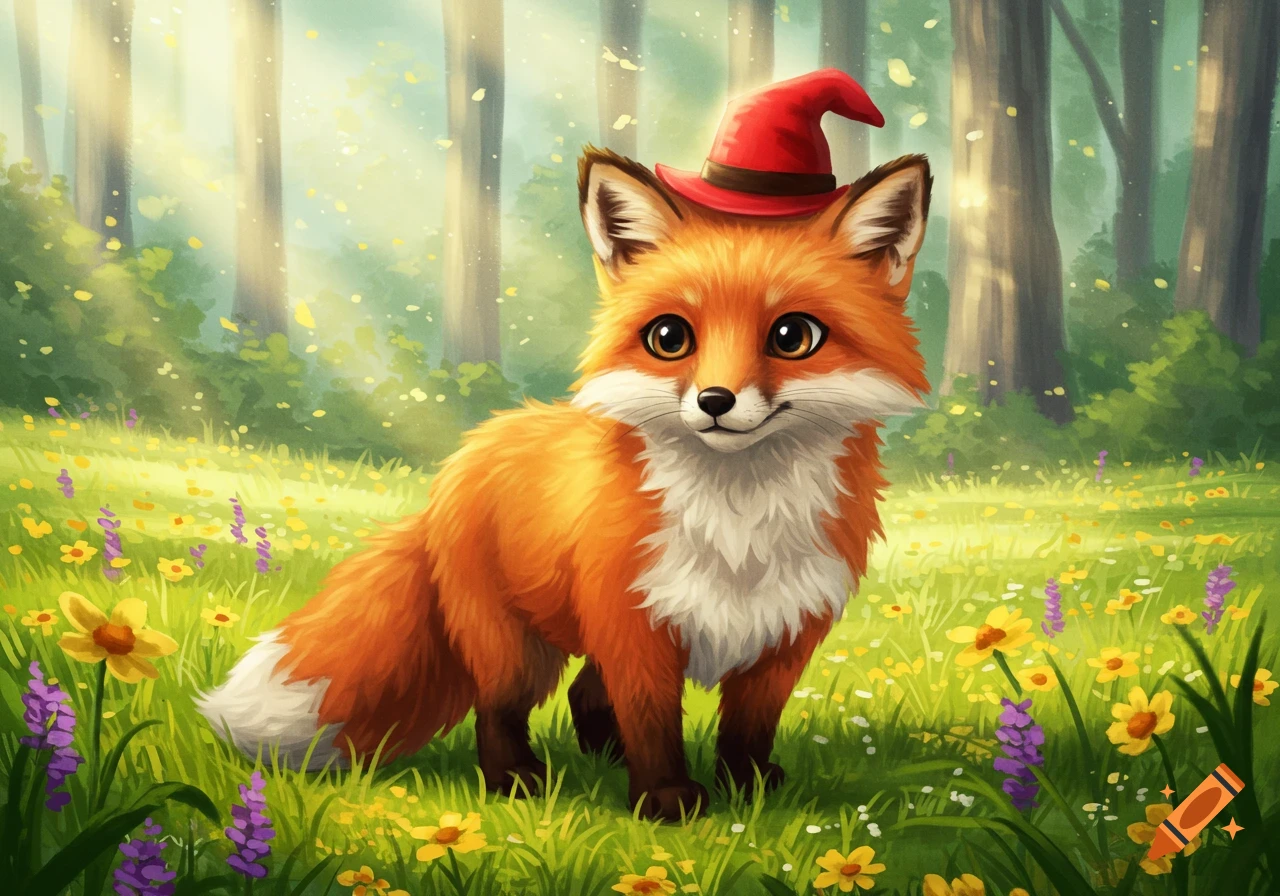 A cute cartoon fox with a red pointy hat stands in a sunny forest clearing filled with yellow and purple wildflowers.