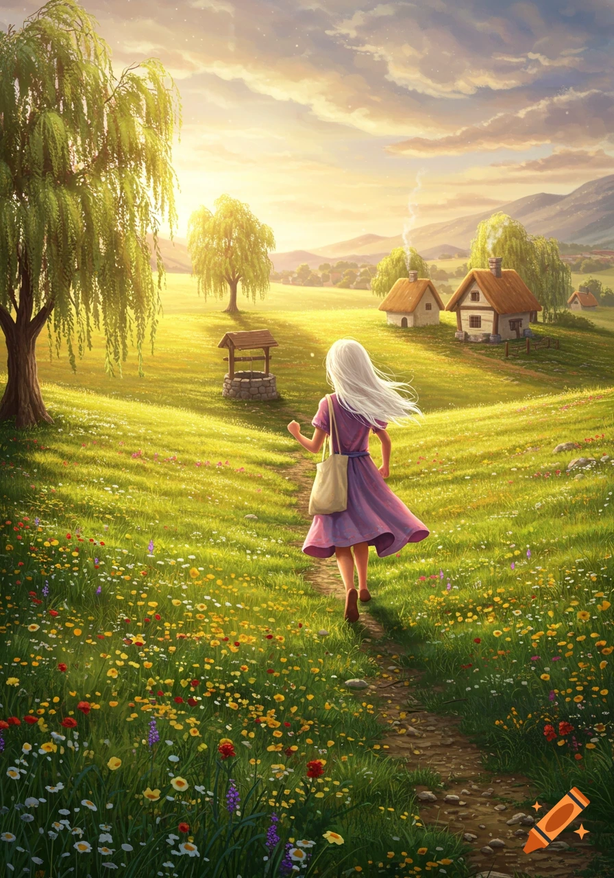 A girl with white hair in a purple dress runs through a field of colorful wildflowers towards cottages under a golden sky, digital painting.