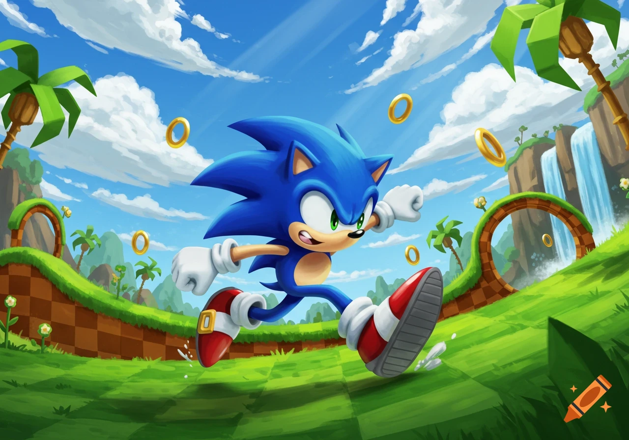 Sonic the Hedgehog runs through a vibrant Green Hill Zone, with gold rings floating, palm trees, and waterfalls under a blue sky.
