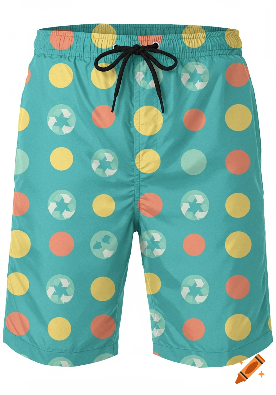 A pair of teal swim shorts with a pattern of yellow, orange, and light blue polka dots interspersed with white recycling symbols.