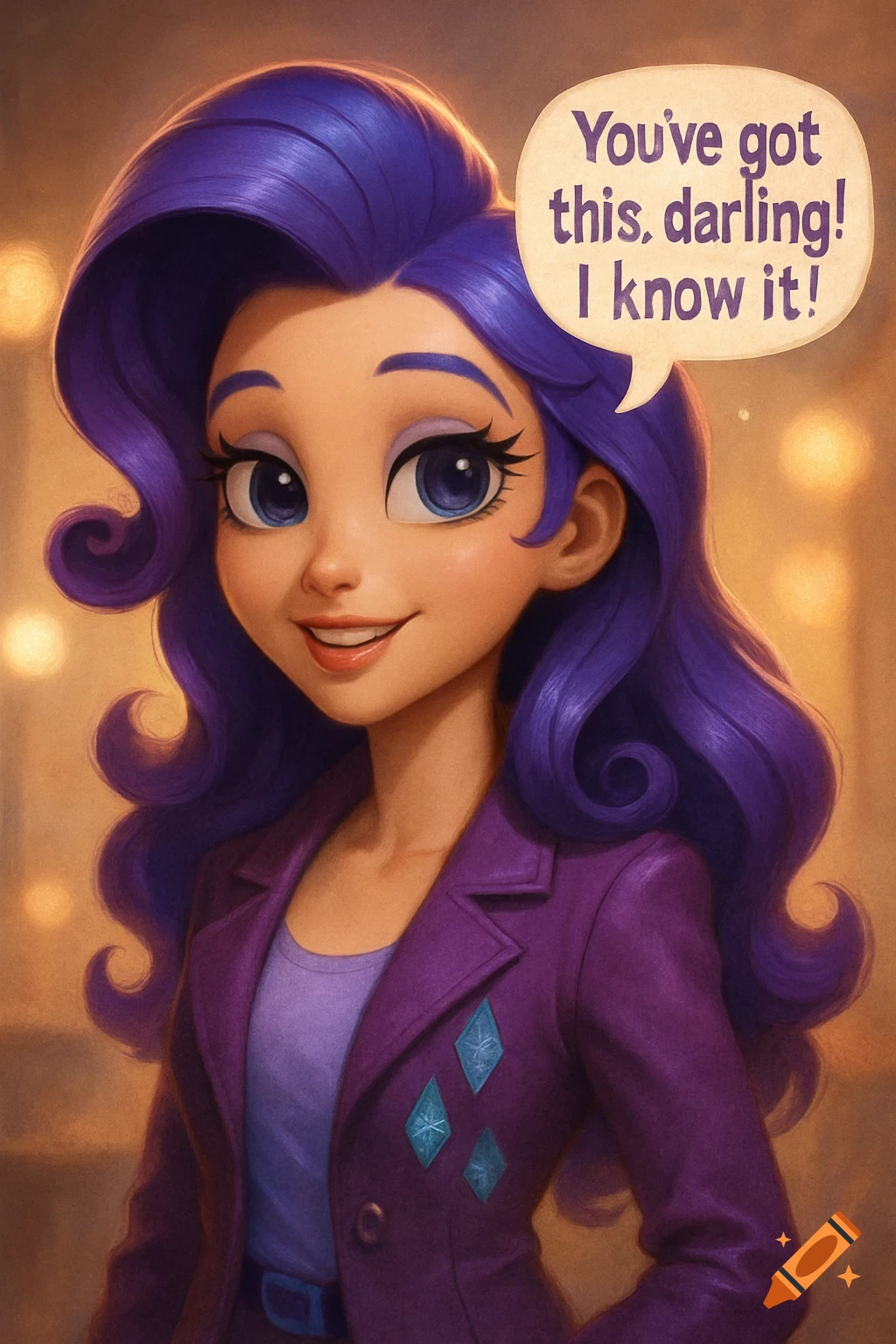 Cartoon girl Rarity with long purple hair and large blue eyes smiles, wearing a purple jacket, with a speech bubble saying 'You've got this, darling! I know it!'