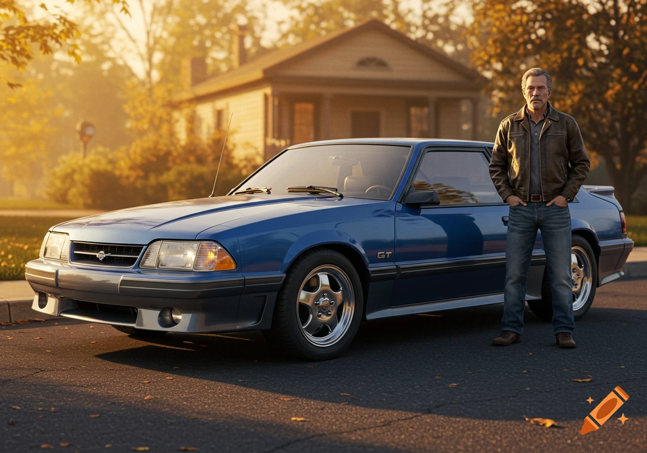 A man stands next to a blue 1989 Mustang GT on an autumn street in front of a house, photorealistic style.