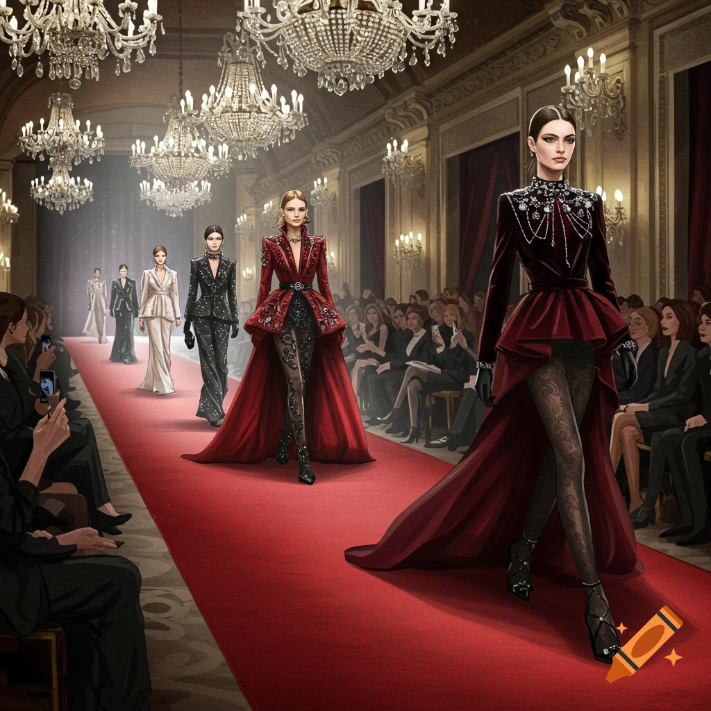 Illustrated fashion show with models walking a red carpet in an ornate hall, under large chandeliers, with an audience.