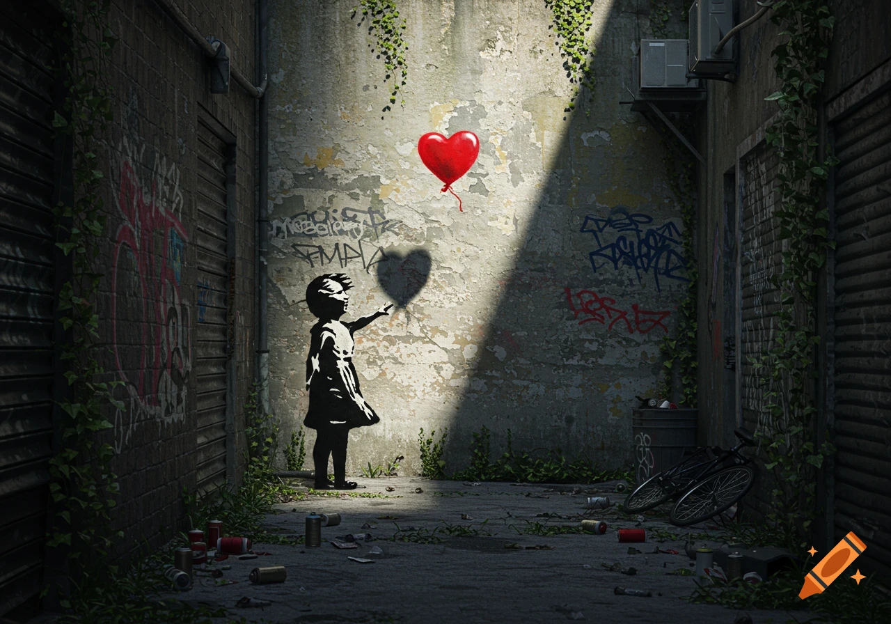 A Banksy-style stencil of a child reaching for a red heart balloon in a dark, graffiti-covered urban alley, with a heart-shaped shadow.