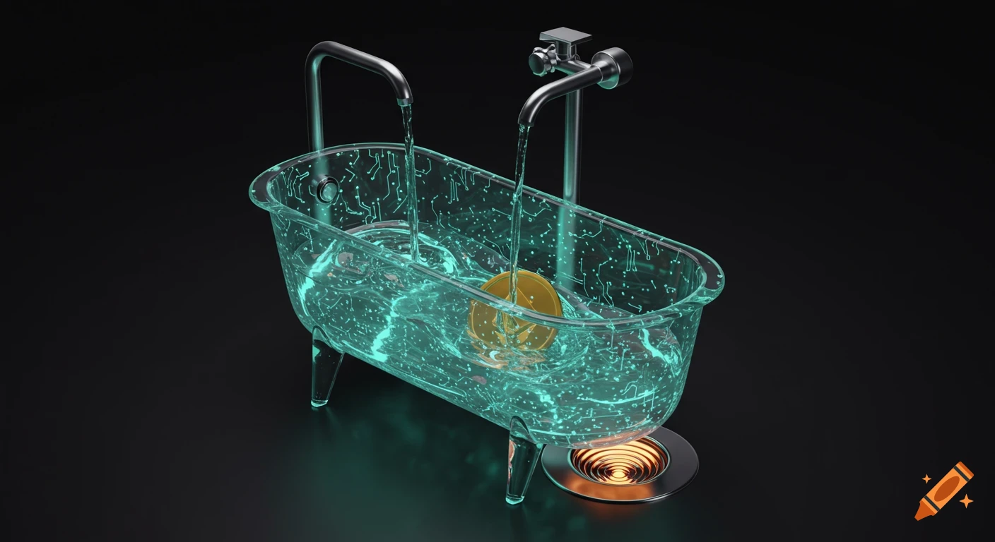 A futuristic translucent bathtub with glowing circuits, filled with liquid data and a golden coin, draining into a glowing vortex. 3D render.