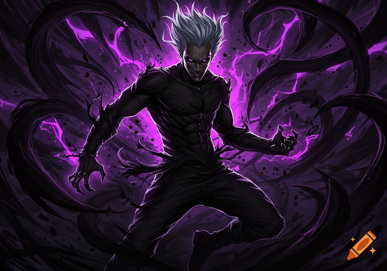 A powerful anime-style character with white spiky hair, glowing purple eyes, and a torn dark outfit, surrounded by swirling black tendrils and vibrant purple energy.