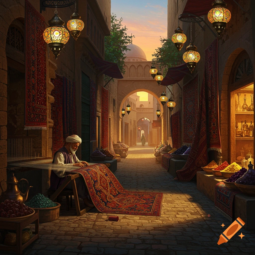 An old man weaving a vibrant red rug in a bustling Middle Eastern marketplace alley, illuminated by ornate lanterns at sunset.