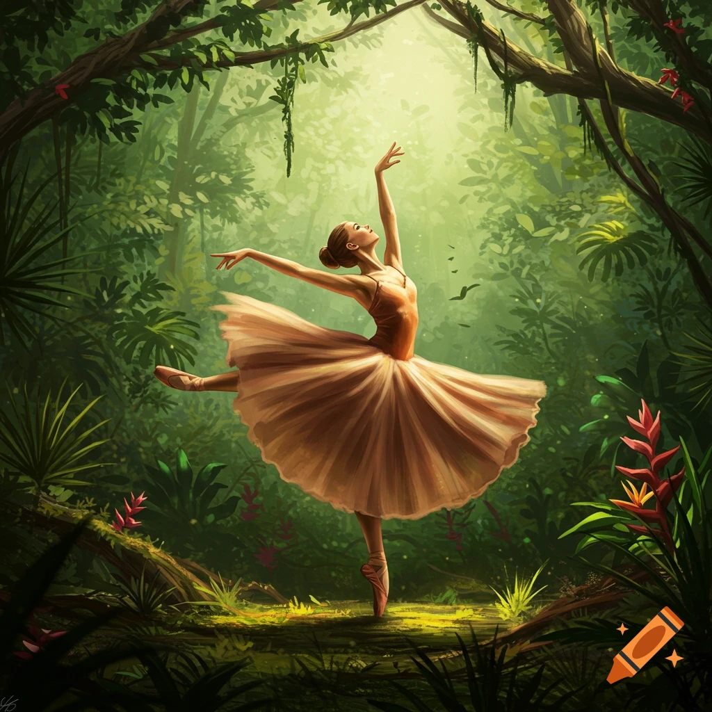 A graceful ballerina dances en pointe in a lush, sunlit jungle, bathed in ethereal light.