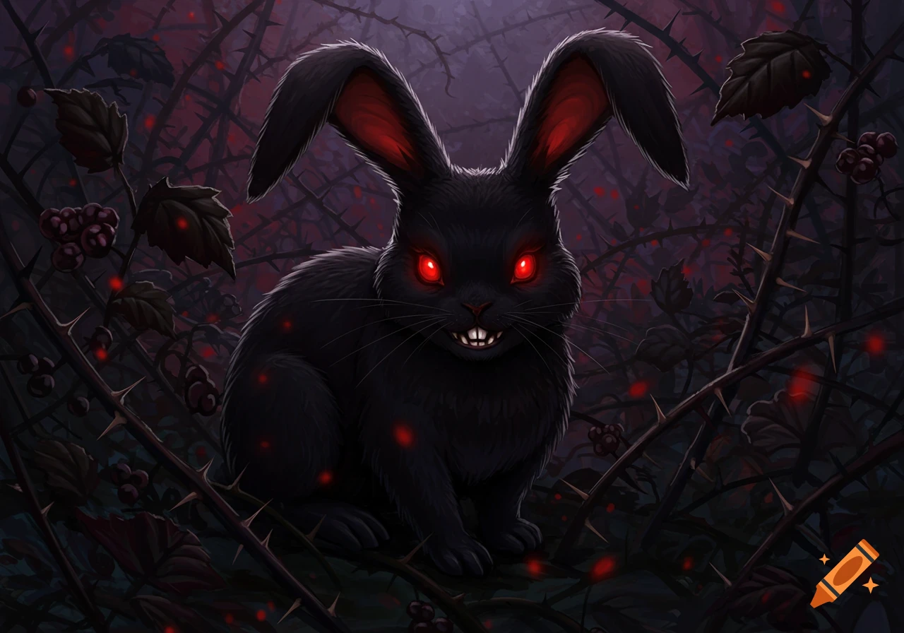 A dark fantasy illustration of a black rabbit with glowing red eyes and sharp teeth, surrounded by thorny bushes.