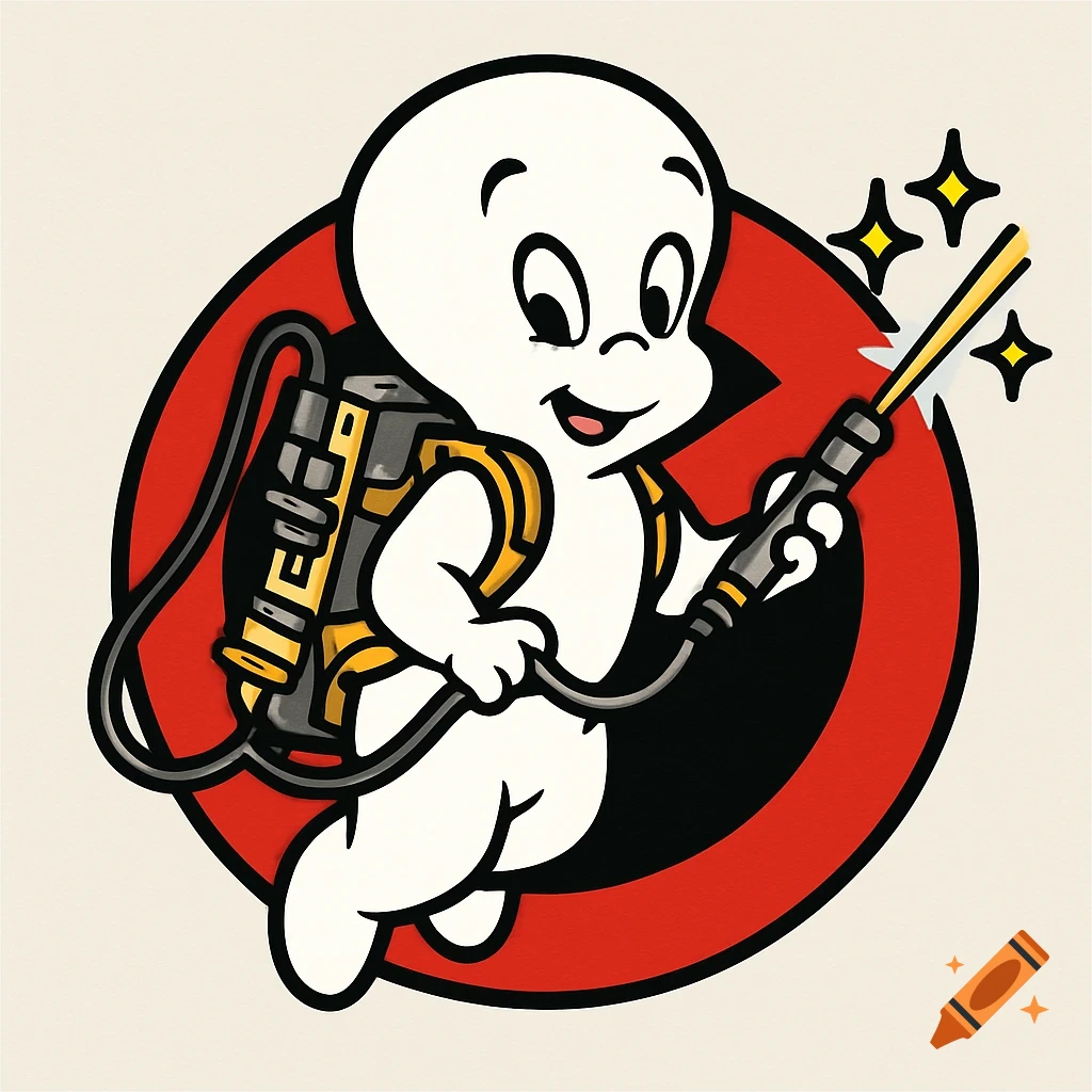 Casper the friendly ghost in Ghostbusters gear with a proton pack and wand, in front of a red Ghostbusters logo, vector art.
