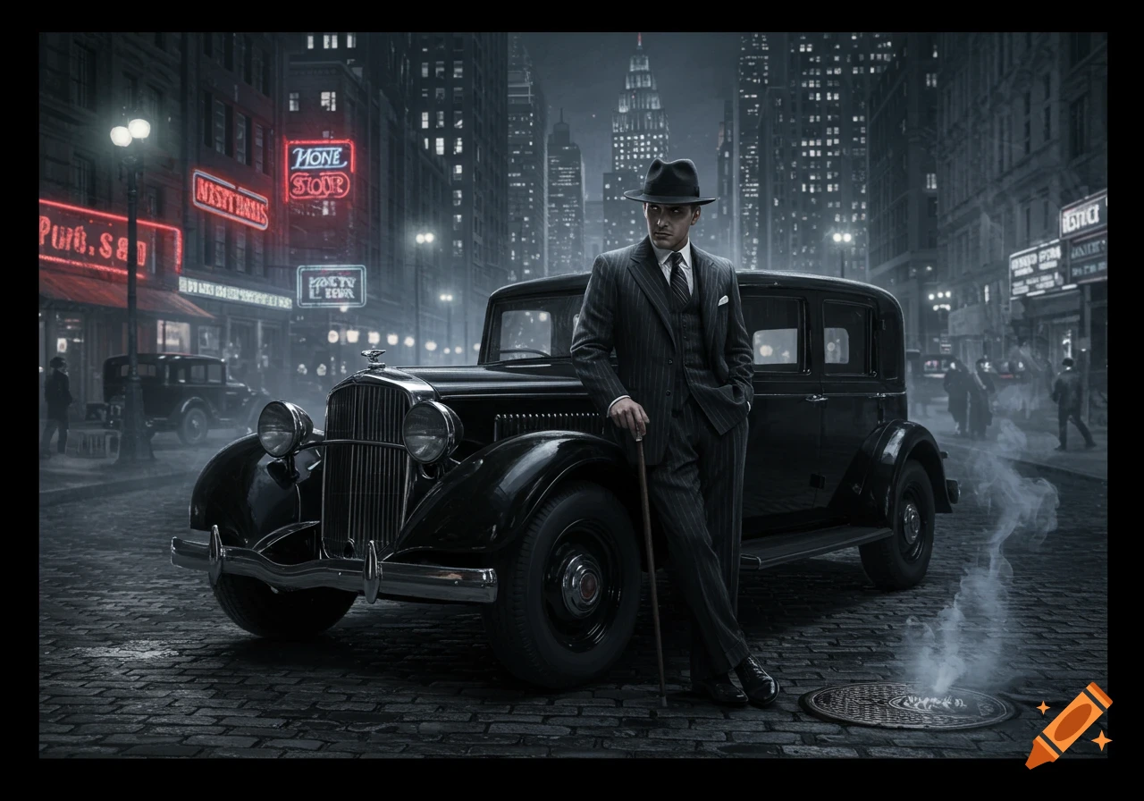 Man in pinstripe suit and hat leaning on vintage car on a dark, moody city street at night.