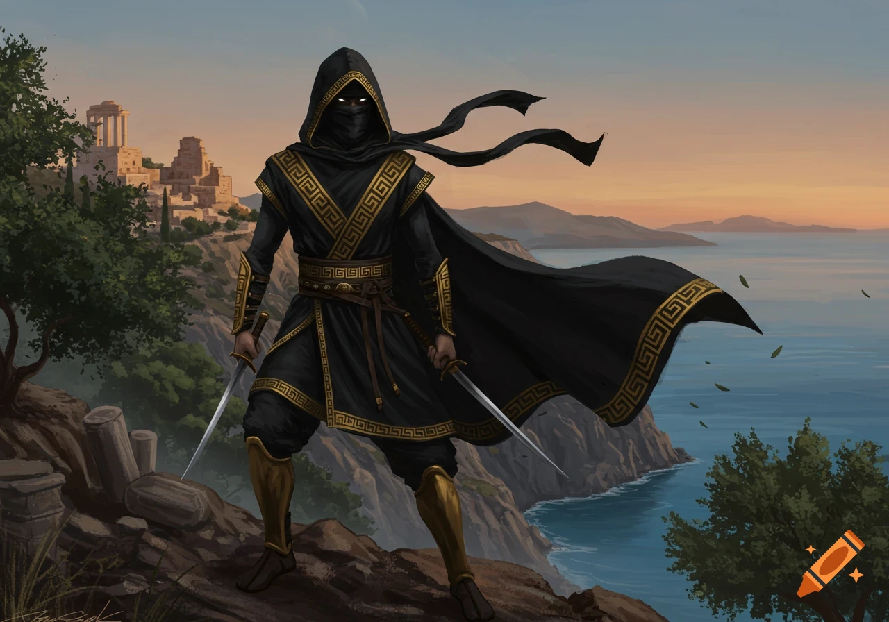 A masked warrior in a black and gold cloak and armor, holding two daggers, stands on a cliff overlooking the sea and an ancient city at sunset.
