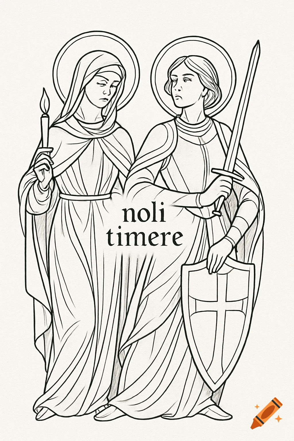 Black and white line art tattoo design featuring two female saints, one holding a candle, the other a sword and shield, with "noli timere" text.