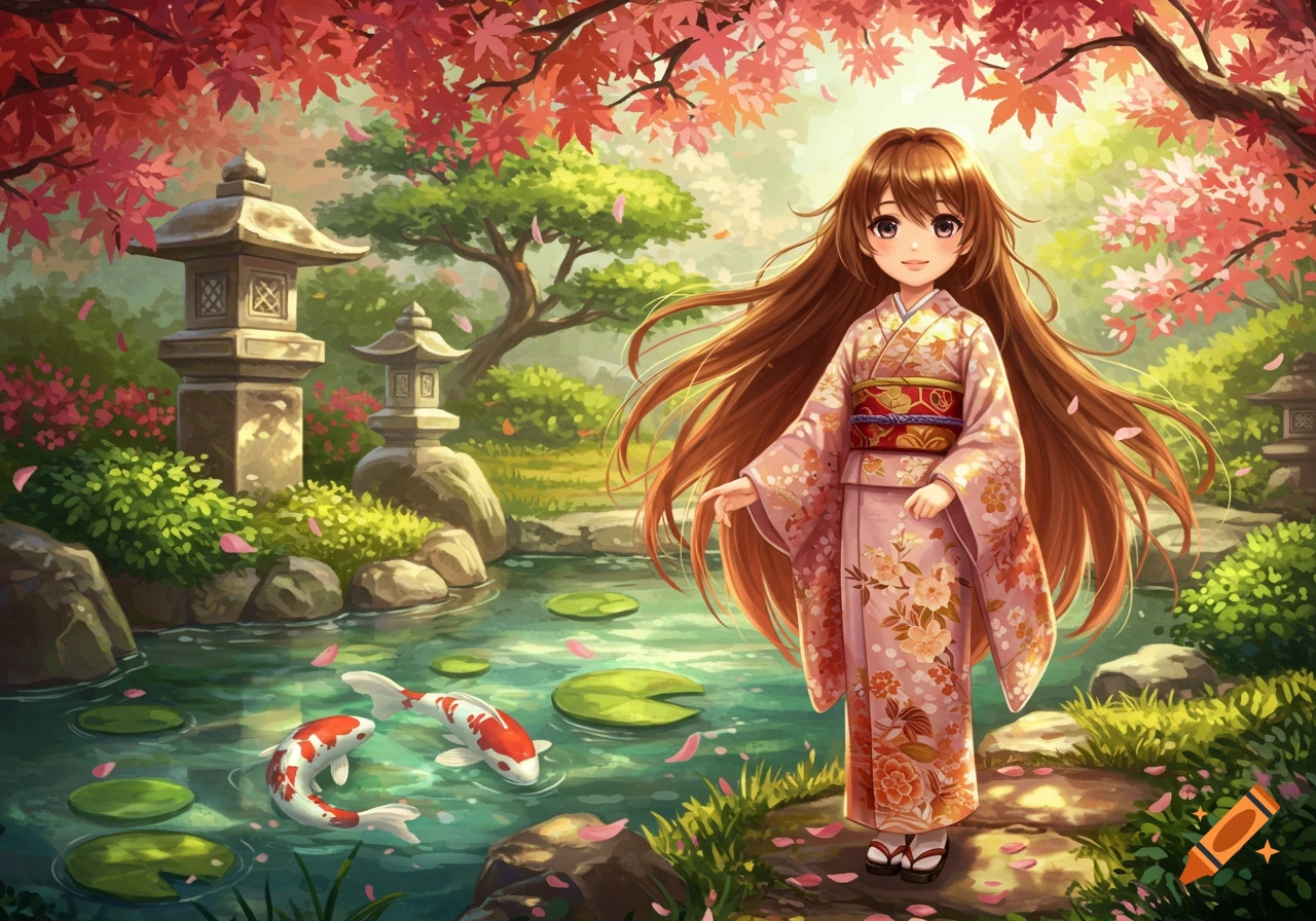 An anime girl in a pink kimono stands by a koi pond in a vibrant Japanese garden with red maple trees and stone lanterns.