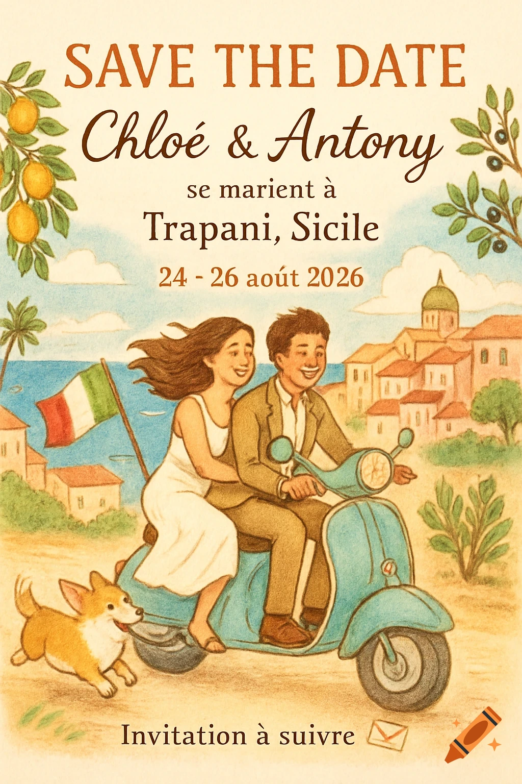 Hand-drawn 'Save the Date' card showing a happy couple on a pastel Vespa with a corgi running alongside in a Sicilian coastal town.