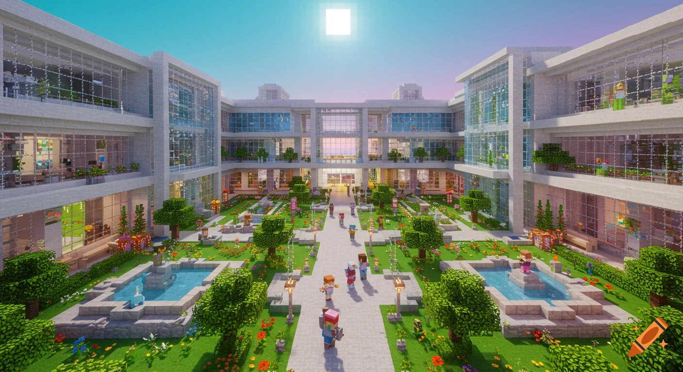 A vibrant, modern Minecraft university campus with blocky buildings, lush green courtyards, fountains, and block figures.