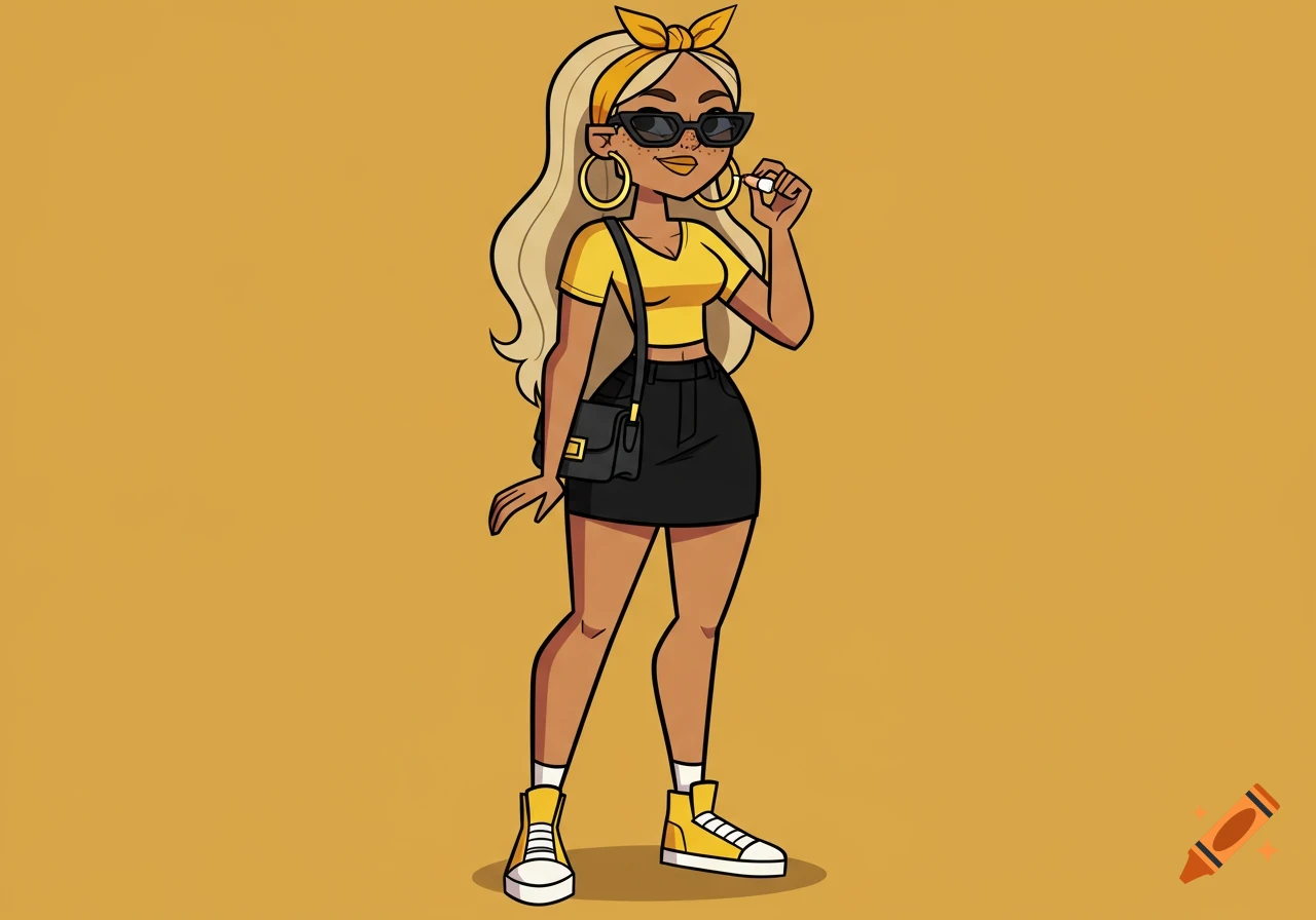 A cartoon woman in Total Drama Island style with blonde hair, sunglasses, yellow top, black skirt, and yellow sneakers, holding a lip balm.