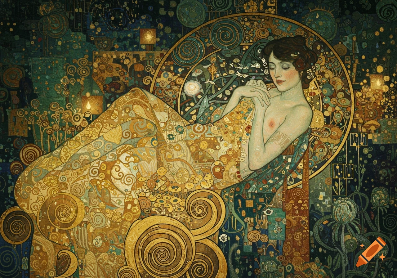Art Nouveau painting in Gustav Klimt style of a reclining woman adorned with intricate gold and teal patterns.