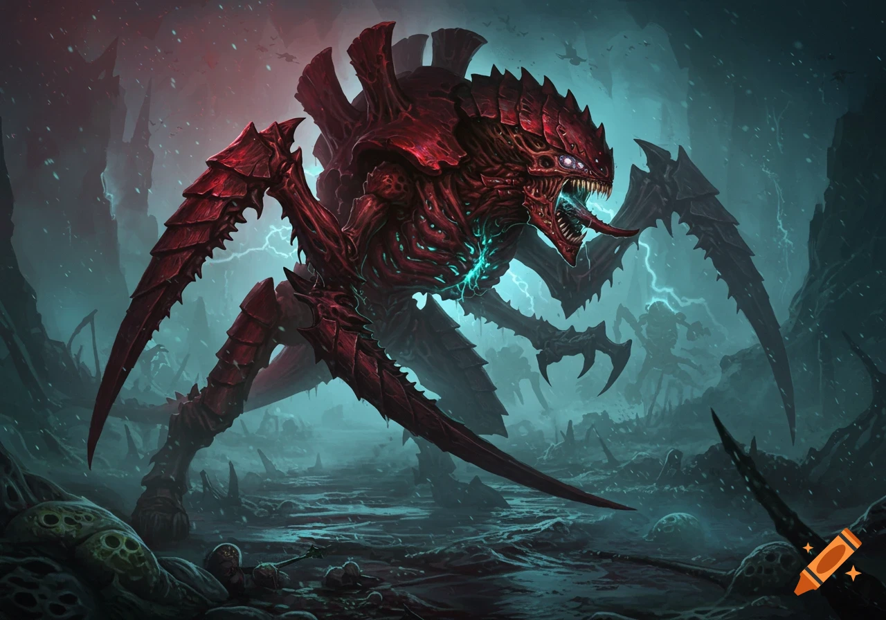 Massive red insectoid alien monster with glowing blue parts in a dark, misty alien landscape, digital painting.